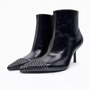 NWOT Zara Black Ankle Boots Spike Studded Toe Stiletto Heels